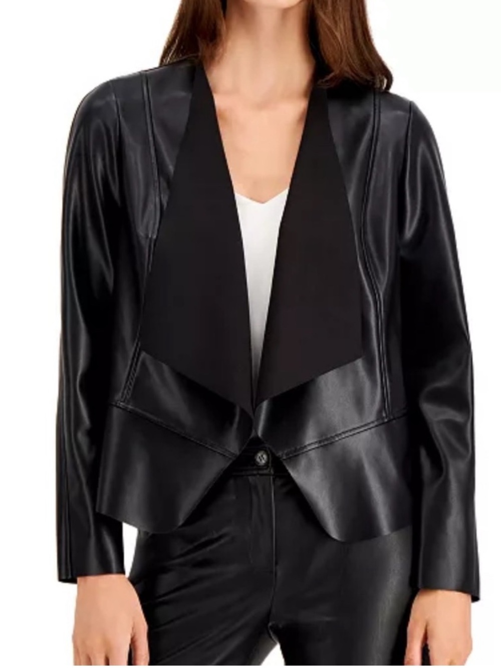Anne Klein Black Faux Leather Draped Open-Front Blazer